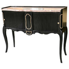 Ebonized Marble-Top Console Serving Table with Tambour Doors