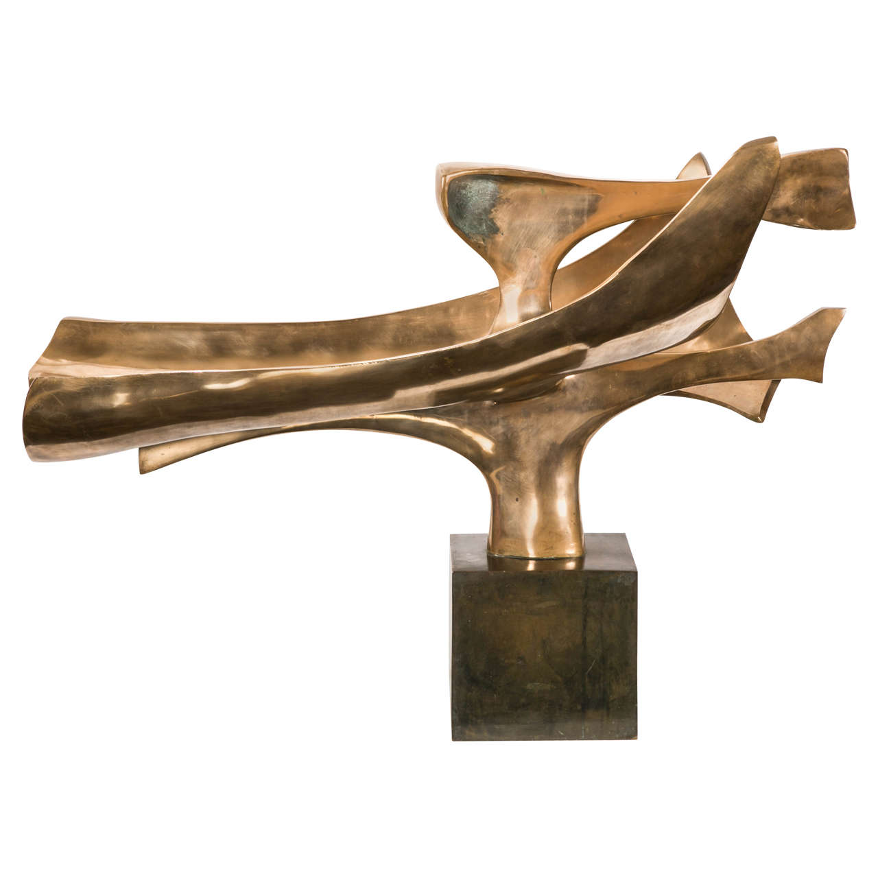 Important gilt polished bronze sculpture, by Fred Brouard, circa 1980.
Cubic brown patinated bronze base. One special small upper part with oxidized patina.
Signed and numbered 1/8.
Base height 21 cm.
 
Fred Brouard (1944-1999), met Alicia