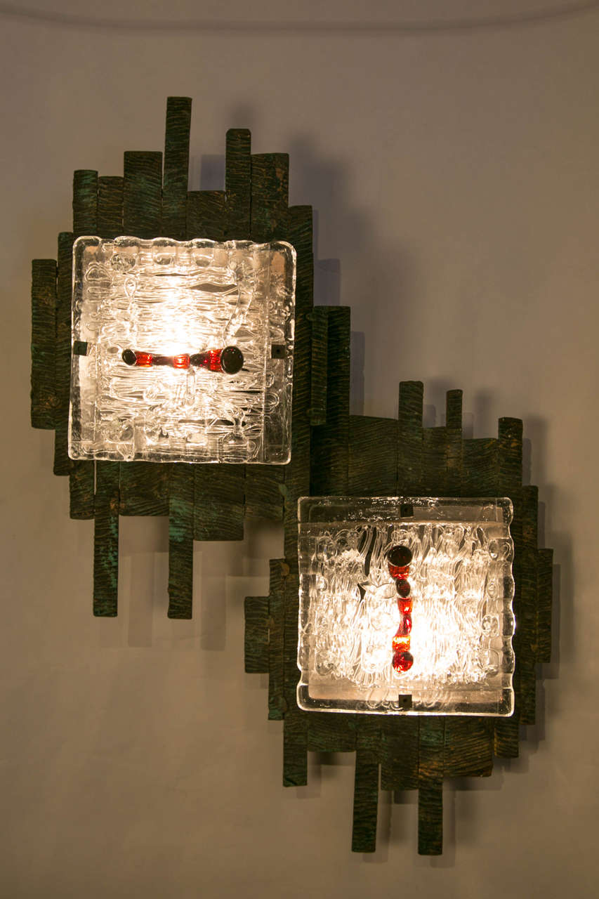 Italian Pair of Metal and Glass Wall Sconces, in style of Poliarte, Italy, 1970s For Sale