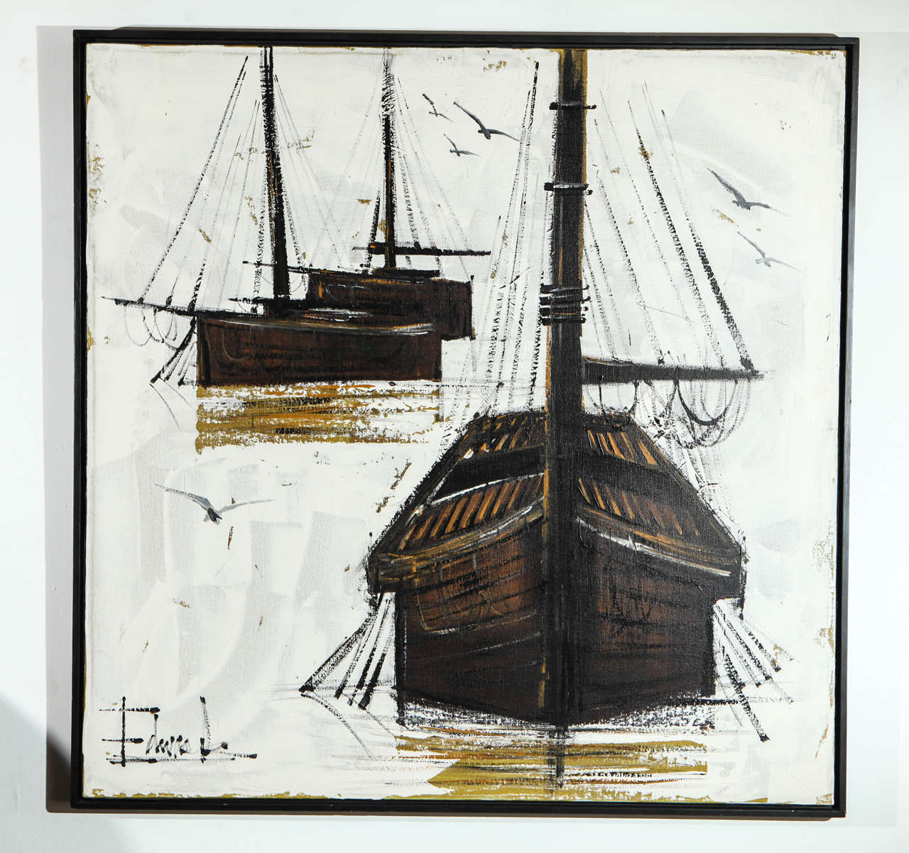 Graphic ship painting in black wood frame.
