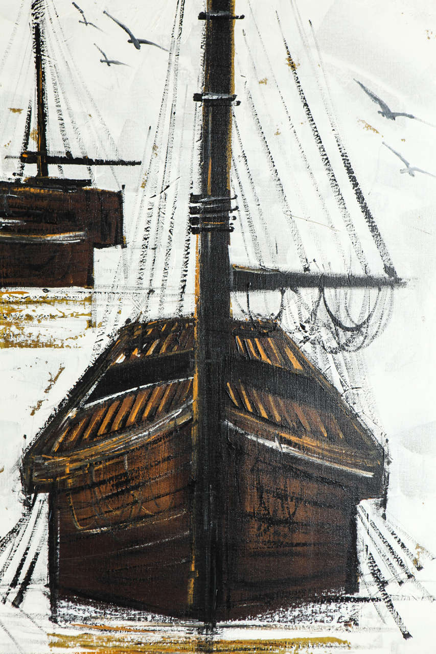 Mid-Century Modern Large 1970s Ship Painting
