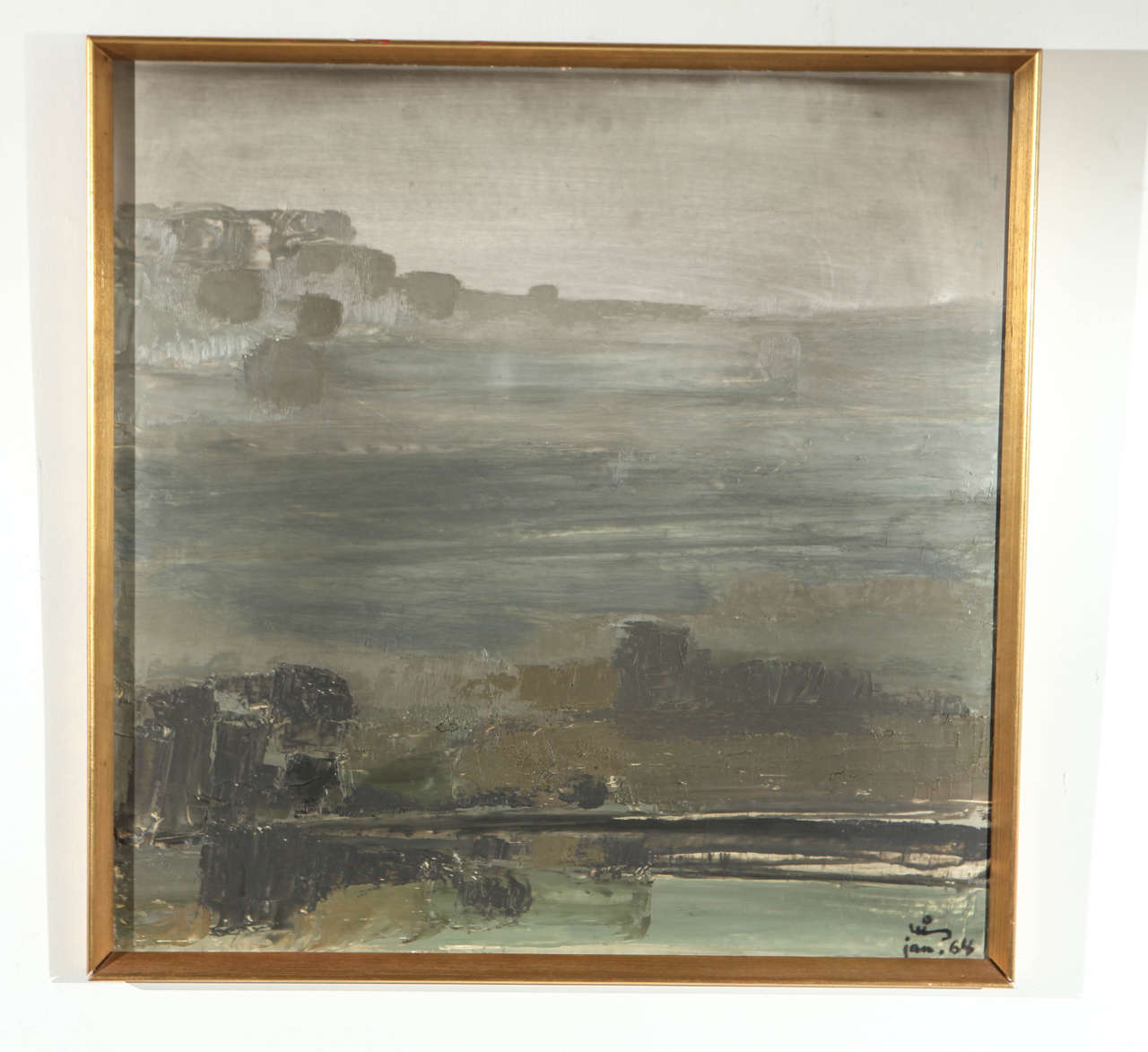 Somber but provocative landscape painting in gold frame. Signed 1964.