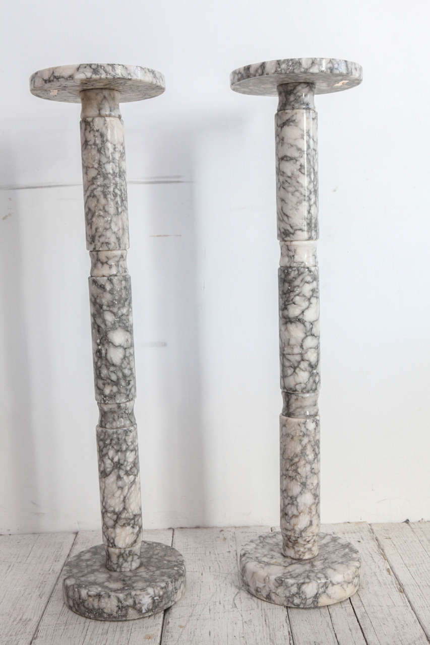 Late 20th Century Tall Grey Marble Cylinder Pedestals or Plant Stands