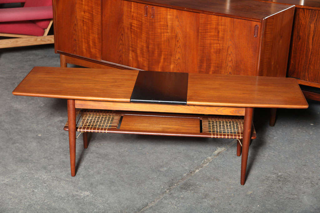Teak Coffee Table with Cane Shelf and Extension