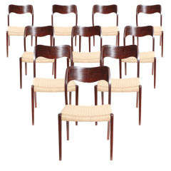 Set of 10 Rosewood and Papercord Dining Chairs by Niels Moller