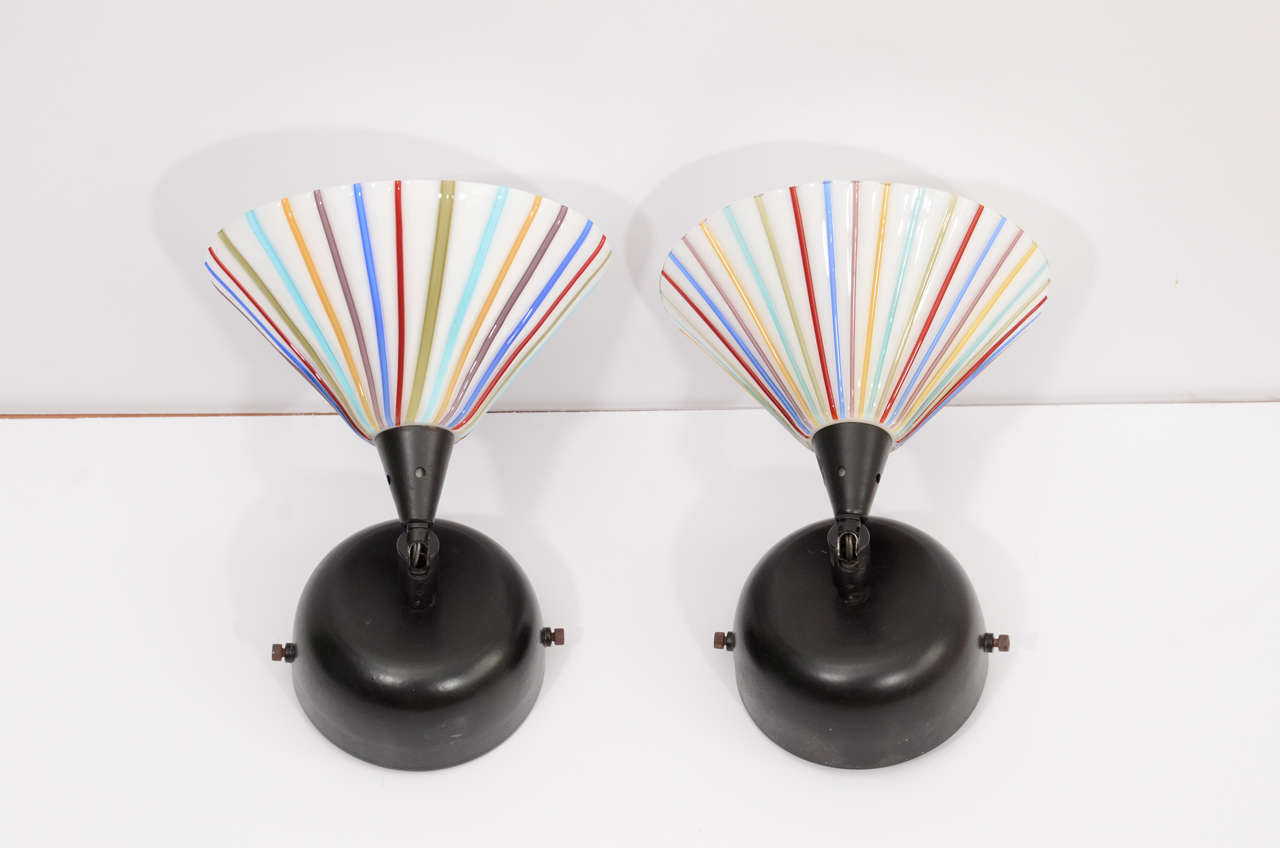 Vintage Italian sconces with white Murano shades appliquéd in six repeating colors of rainbow cool. Striped color pattern reminiscent of Gio Ponti's 