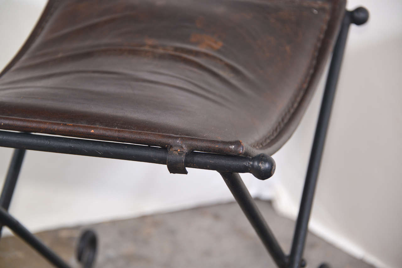 20th c. French hand forged, folding, iron bench with leather seat In Good Condition In Houston, TX