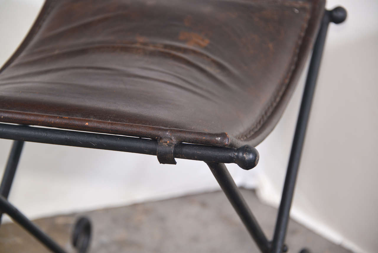20th c. French hand forged, folding, iron bench with leather seat In Good Condition In Round Top, TX