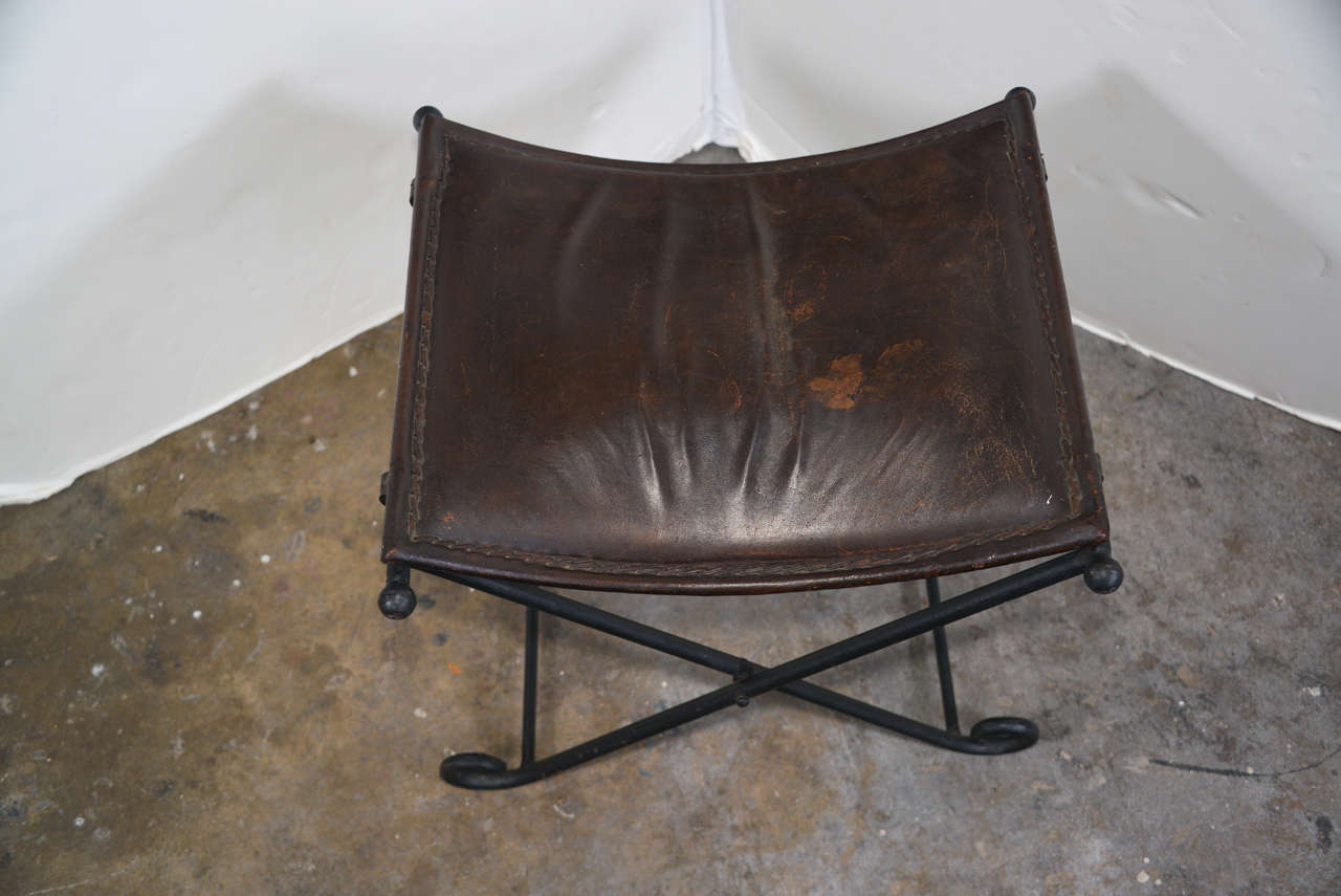 20th Century 20th c. French hand forged, folding, iron bench with leather seat
