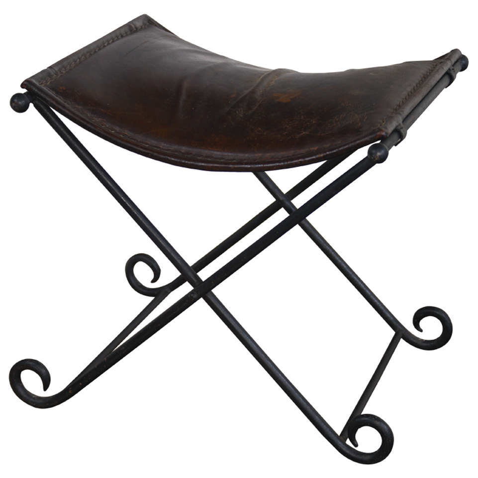 20th c. French hand forged, folding, iron bench with leather seat