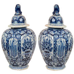Antique A Pair of Dutch Delft Blue and White Covered Vases