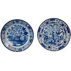 Two Blue & White Delft Chargers with Similar Pie Crust Notched Edges