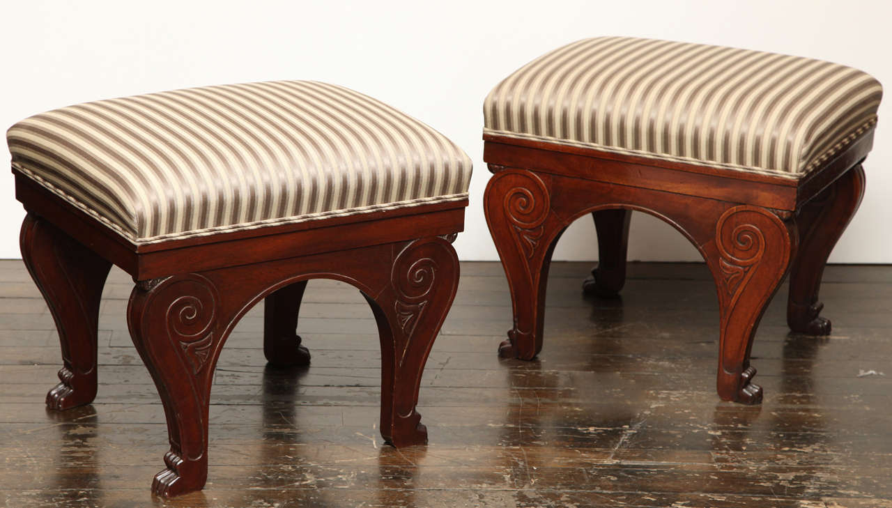 Two French Stools in Mahogany, One with a Chateau Stamp The Other of a Later Date