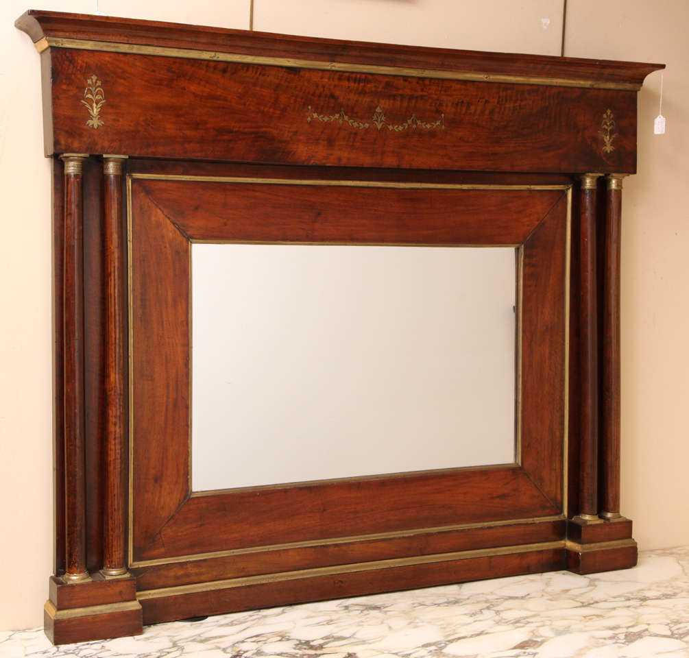 19th Century Continental, Fruitwood and Brass Inlay, Neo-Classical Over Mantel Mirror