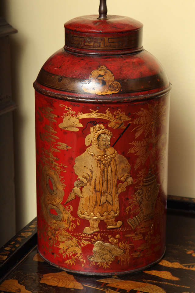 British Pair of Regency Red and Gilt Japanned Chinoiserie Tea Canisters, circa 1795