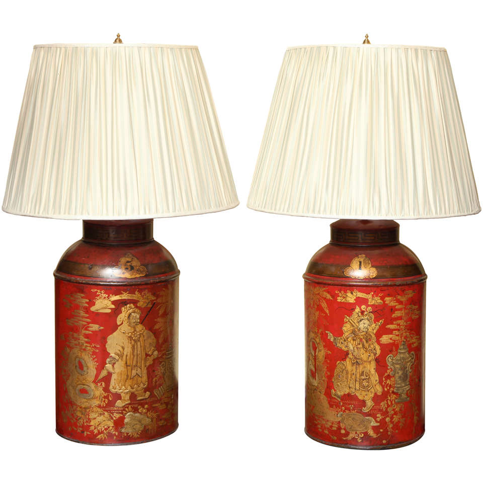 Pair of Regency Red and Gilt Japanned Chinoiserie Tea Canisters, circa 1795