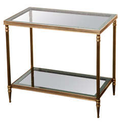 A Pair of Gilt Brass and Smoked Glass Two Tier Etagere Tables, France c.1950