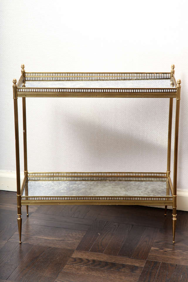 French A Brass and Smoked Mirror 2 Tier Etagere Table. France 1950