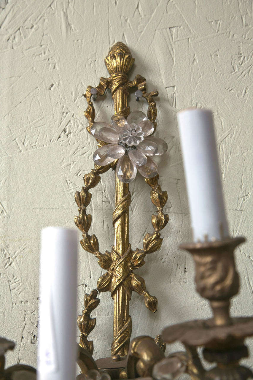 French Pair of Bronze and Crystal Belle Epoch Beaded Sconces Finely Cast 