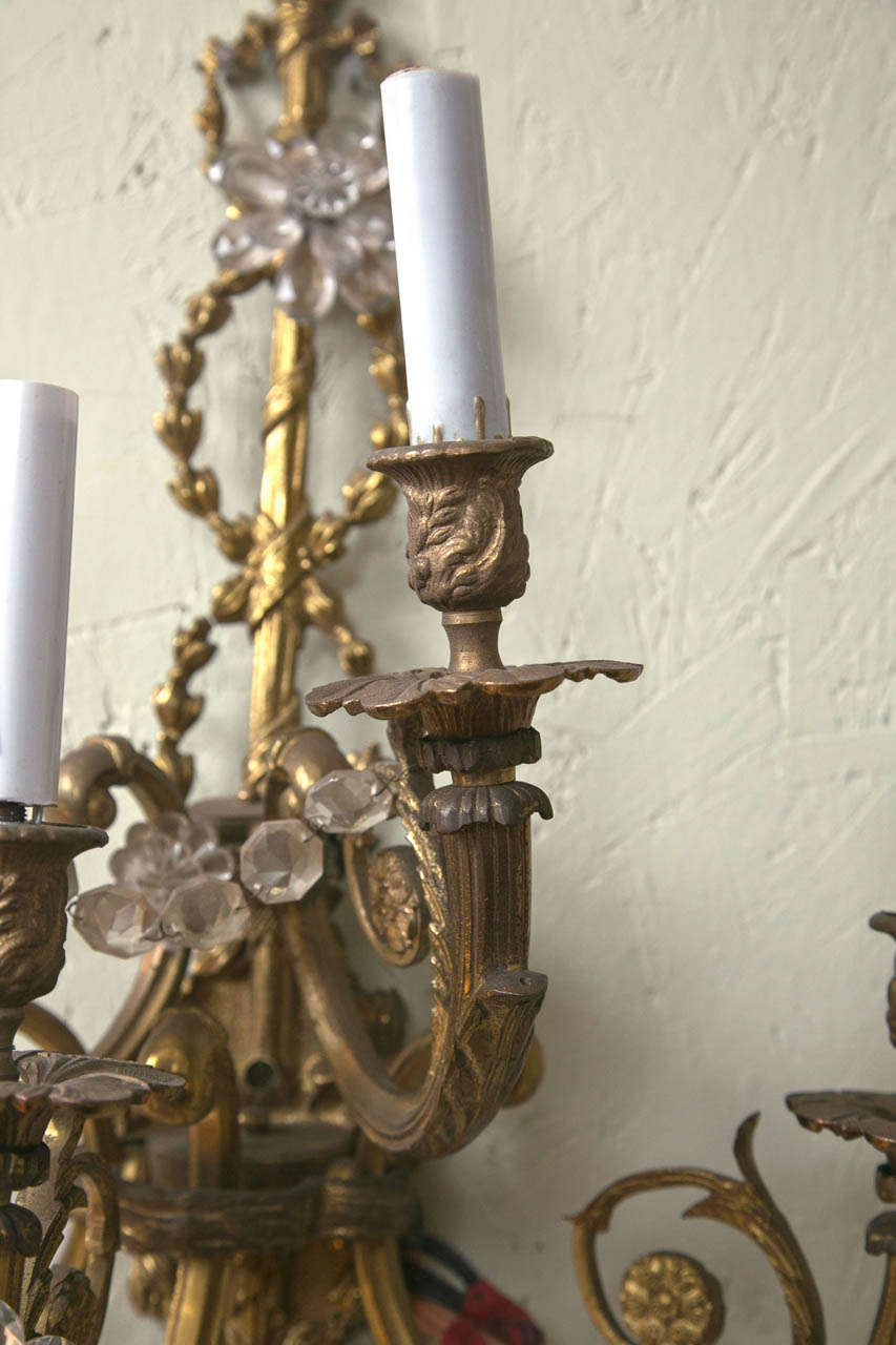 Pair of Bronze and Crystal Belle Epoch Beaded Sconces Finely Cast  In Good Condition In Stamford, CT