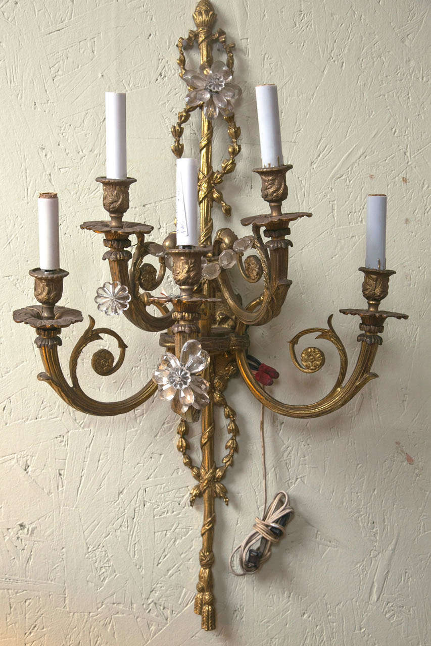 Pair of Bronze and Crystal Belle Epoch Beaded Sconces Finely Cast  1