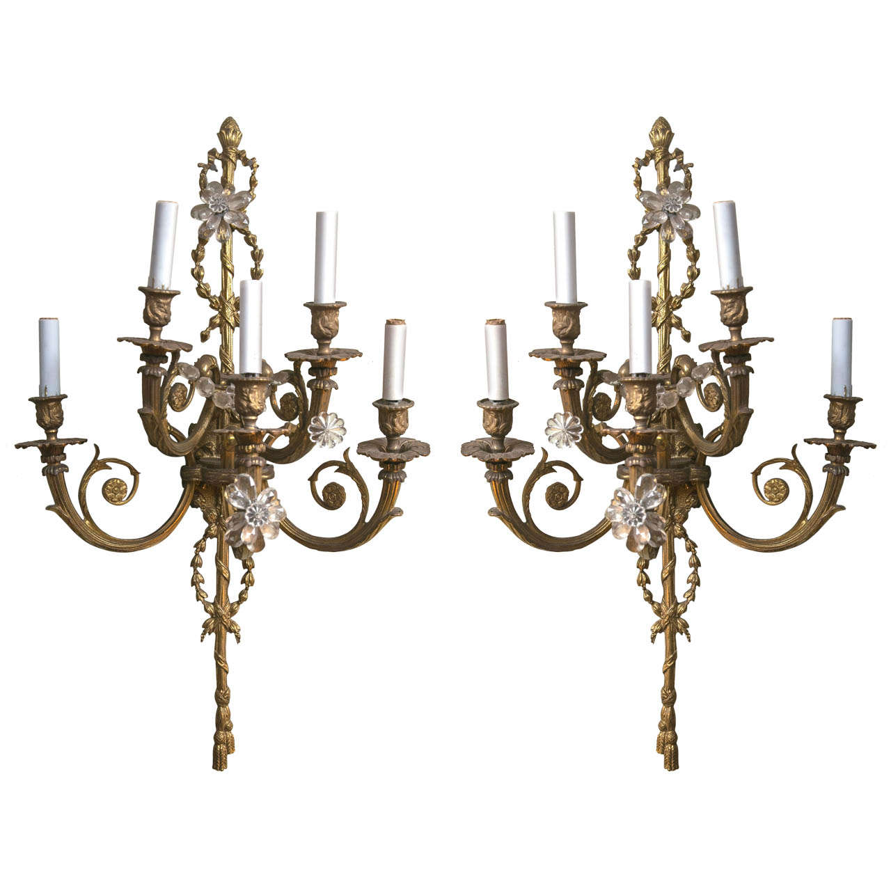 Pair of Bronze and Crystal Belle Epoch Beaded Sconces Finely Cast 