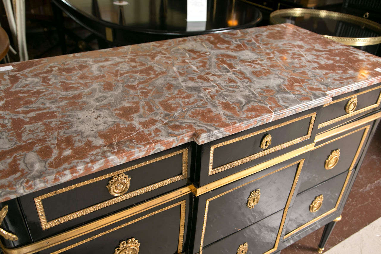 Hollywood Regency Maison Jansen Marble-Top Ebonized Commode Heavy Bronze Mounts Louis XVI Style