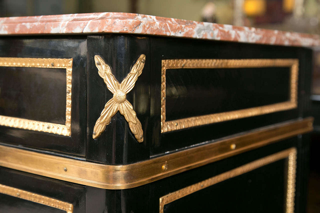 Maison Jansen Marble-Top Ebonized Commode Heavy Bronze Mounts Louis XVI Style In Good Condition In Stamford, CT