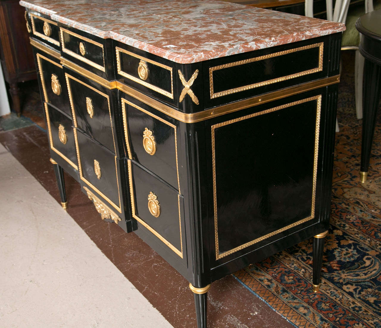 Wood Maison Jansen Marble-Top Ebonized Commode Heavy Bronze Mounts Louis XVI Style