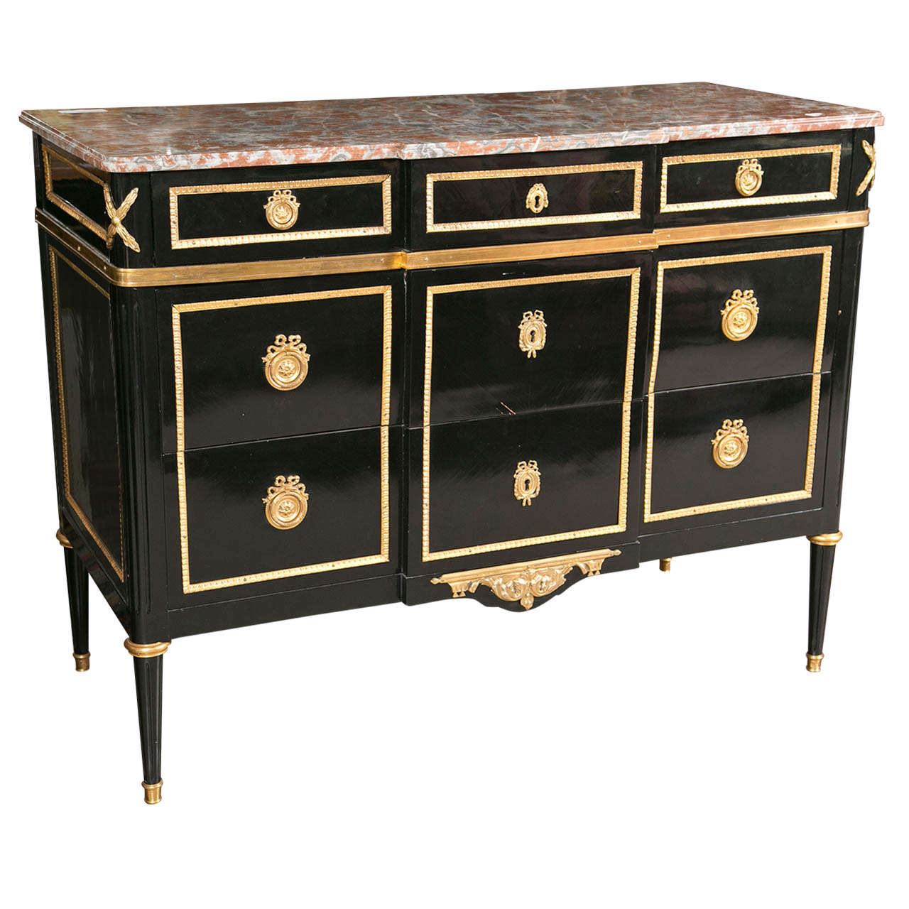 Maison Jansen Marble-Top Ebonized Commode Heavy Bronze Mounts Louis XVI Style