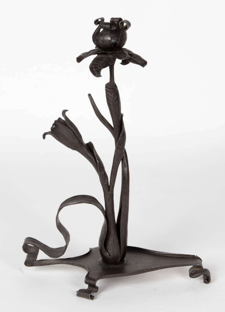 Jugendstil Otto Eckmann (attr.) Pair Of Hand Wrought Iron Floral Candlesticks C. 1900 For Sale