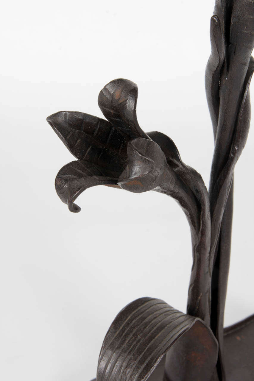 Otto Eckmann (attr.) Pair Of Hand Wrought Iron Floral Candlesticks C. 1900 For Sale 1