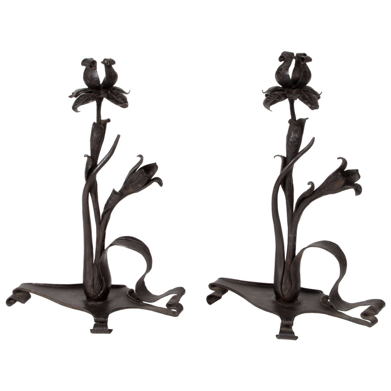 Otto Eckmann (attr.) Pair Of Hand Wrought Iron Floral Candlesticks C. 1900 For Sale