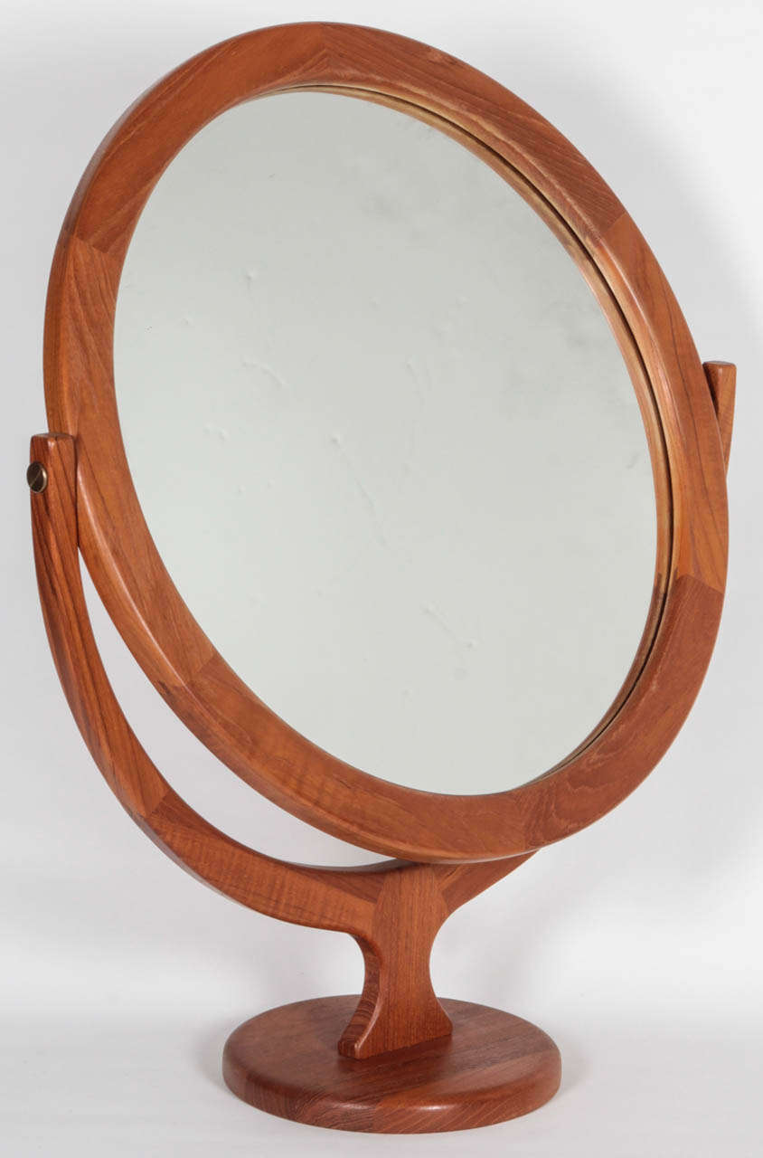 Large adjustable teak vanity mirror on pedestal by Pederson & Hansen. Signed with paper label. Denmark, circa 1950. 
Base dimensions; 9.5 inches wide.