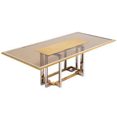 Italian Chrome and Brass Dining Table with Elegant Glass Top