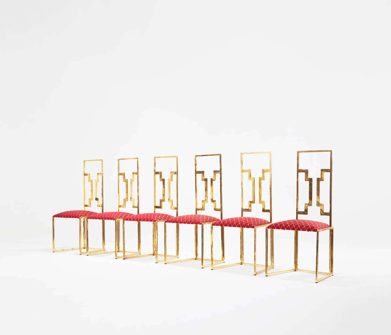 Set of 6 Italian Brass Dining Chairs with Sculptural Back For Sale at