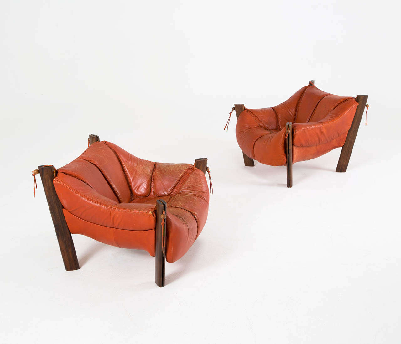 Mid-Century Modern Percival Lafer Rare Pair of Brazilian Lounge Chairs in Orange Leather