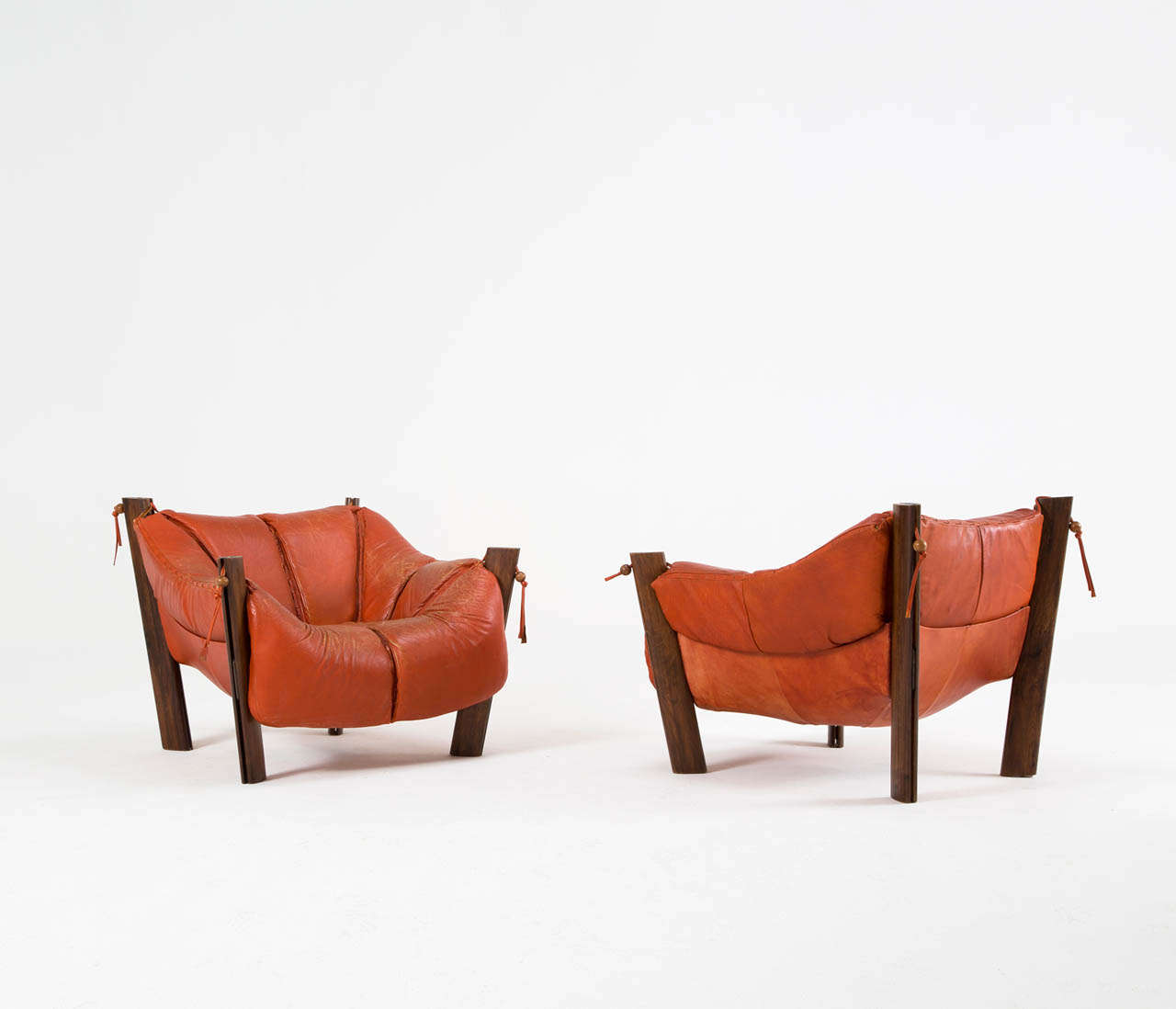 Percival Lafer Rare Pair of Brazilian Lounge Chairs in Orange Leather 1