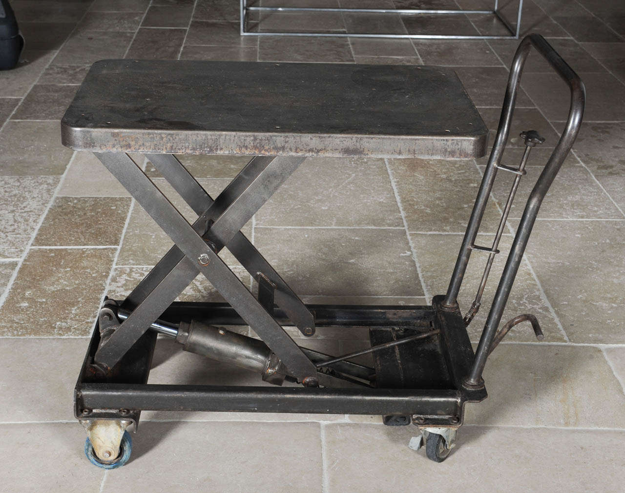 Mid-20th Century Industrial Wrought Iron, Polished Steel Scissor Table
