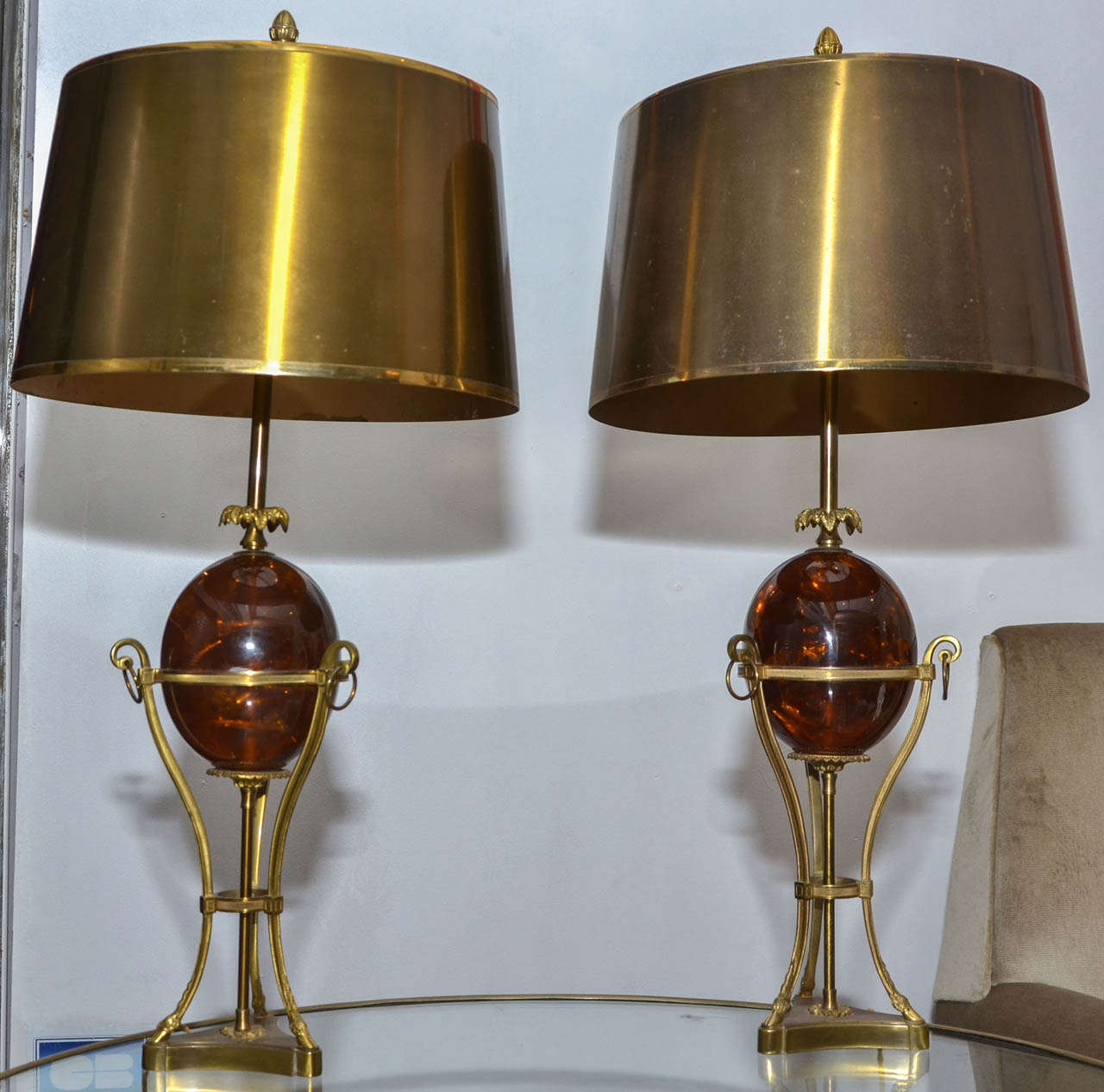 Pair of 1970's table lamps attributed to Maison Charles (no signature).  Brass structure and fractured resin spherical trunk. Original brass shade. Wired for european lighting. Shades sides are slightly twisted. Normal wear consistent with age and