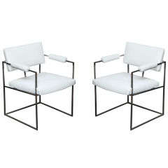 Pair of Chrome Armchairs by Milo Baughman in Patent Leather/COM
