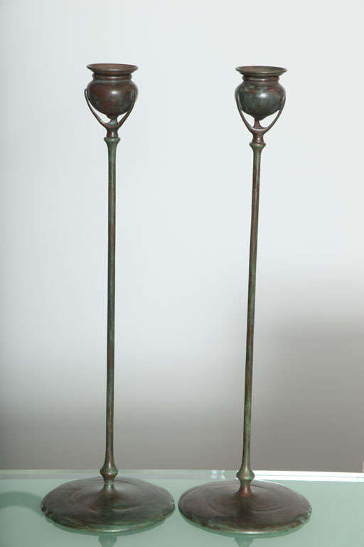 A Pair of ArtNouveau "Puddle" Candlesticks by, Tiffany Studios
