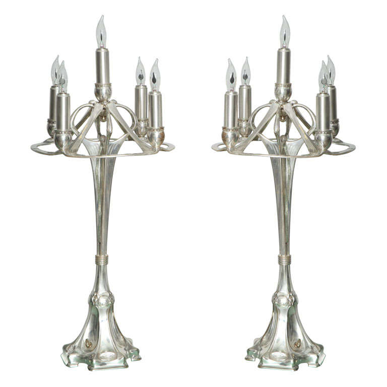 Pair of Art Nouveau Silvered Bronze Candelabrums