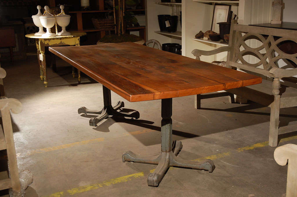 Iron Table Base with Residual Grey Paint and New Oiled Red Wood Plank Top