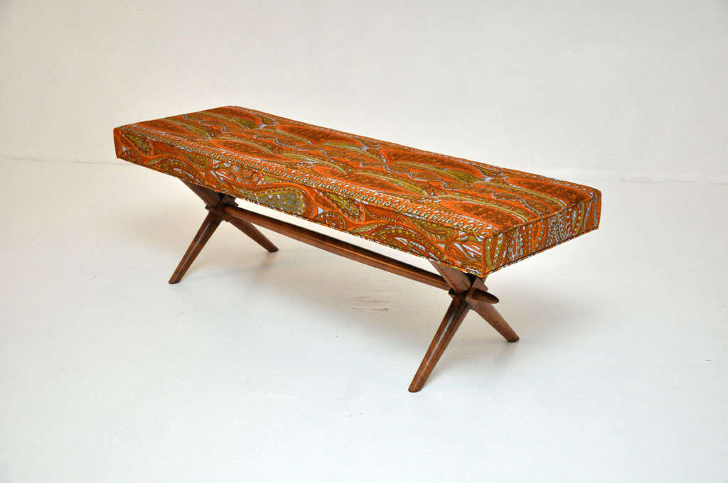 X-base bench designed by T.H. Robsjohn-Gibbings for Widdicomb.  Newly upholstered in 