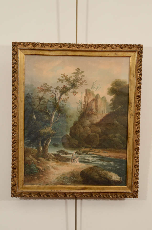 Continental School, Landscape with river scene, castle in background. Framed watercolor