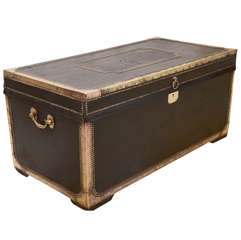 Antique Lg. Leather Covered Brass Bound Camphor China Trade Trunk