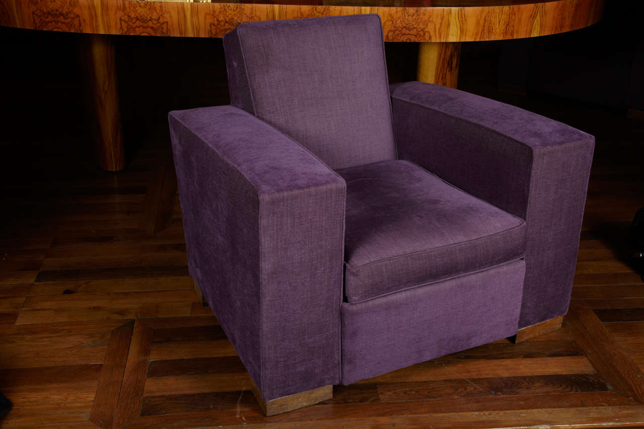 Pair of armchairs, seat with cushions, four wood feet, completely upholstered as genuine with Manuel Canovas fabric, amethyst colour, very comfortable