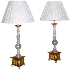 Rare 19th Century Pair Of Rock Crystal And Bronze Table Lamps