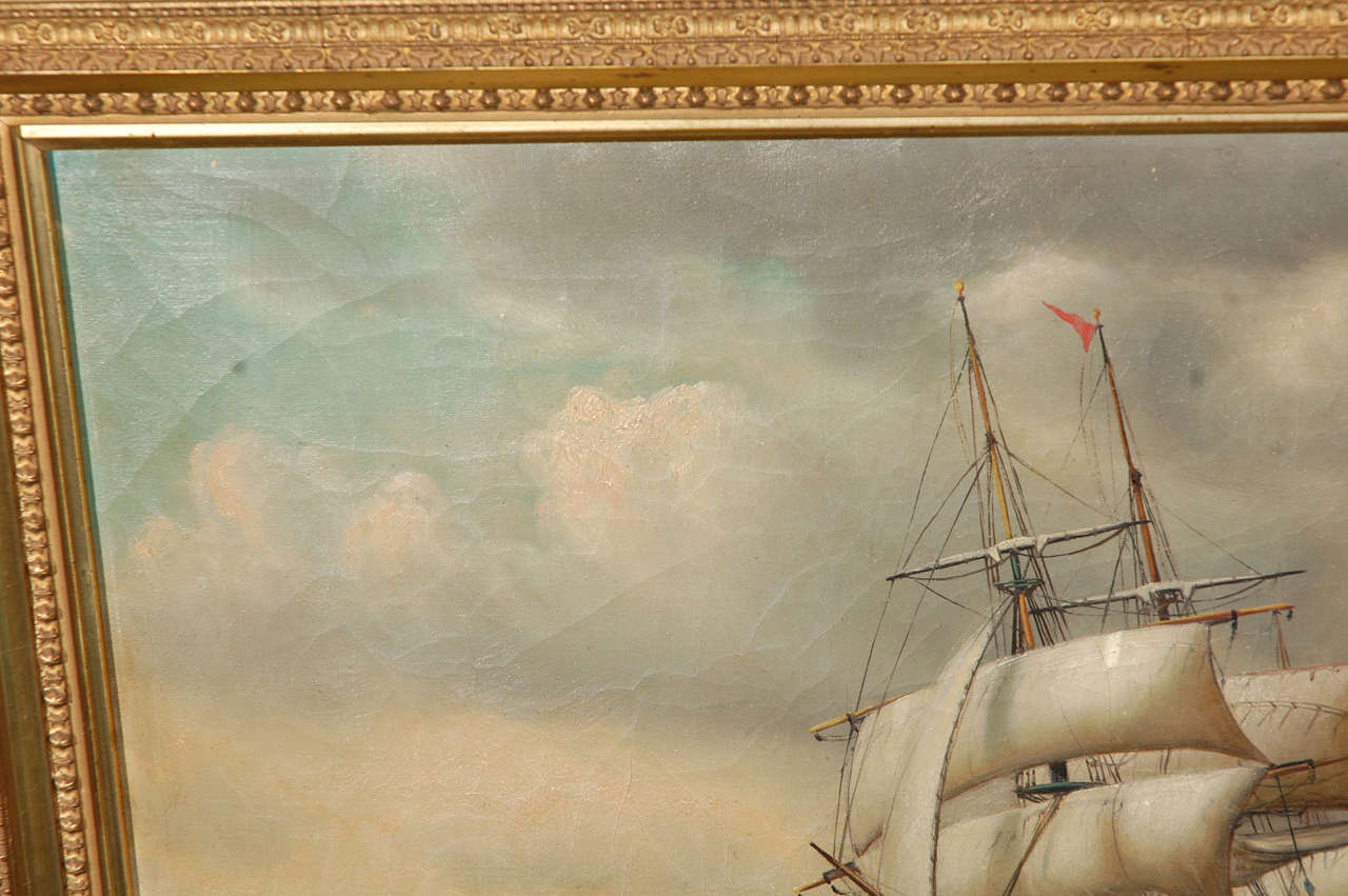 19th Century Signed American Oil Painting of a Ship at Sea In Good Condition In Cathedral City, CA